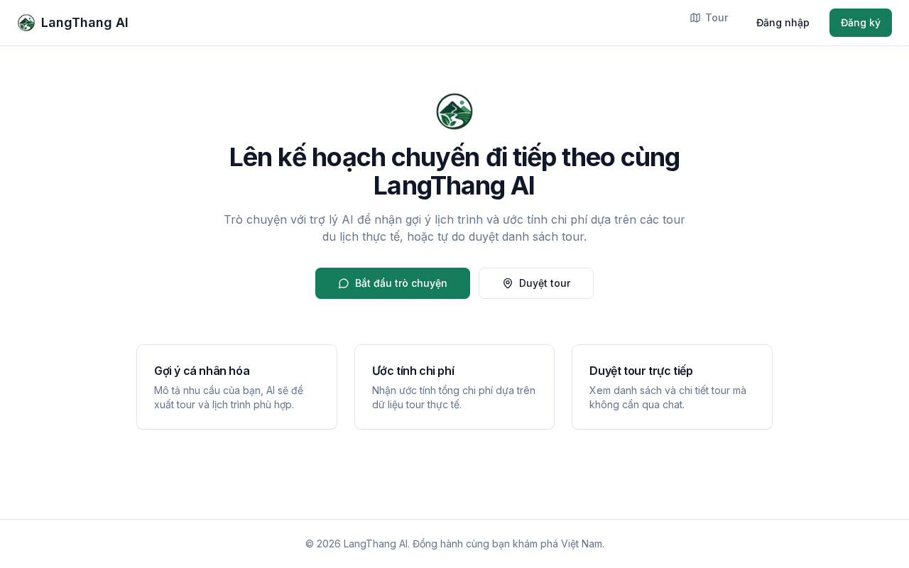 LangThang AI homepage introducing the tour advisory chatbot