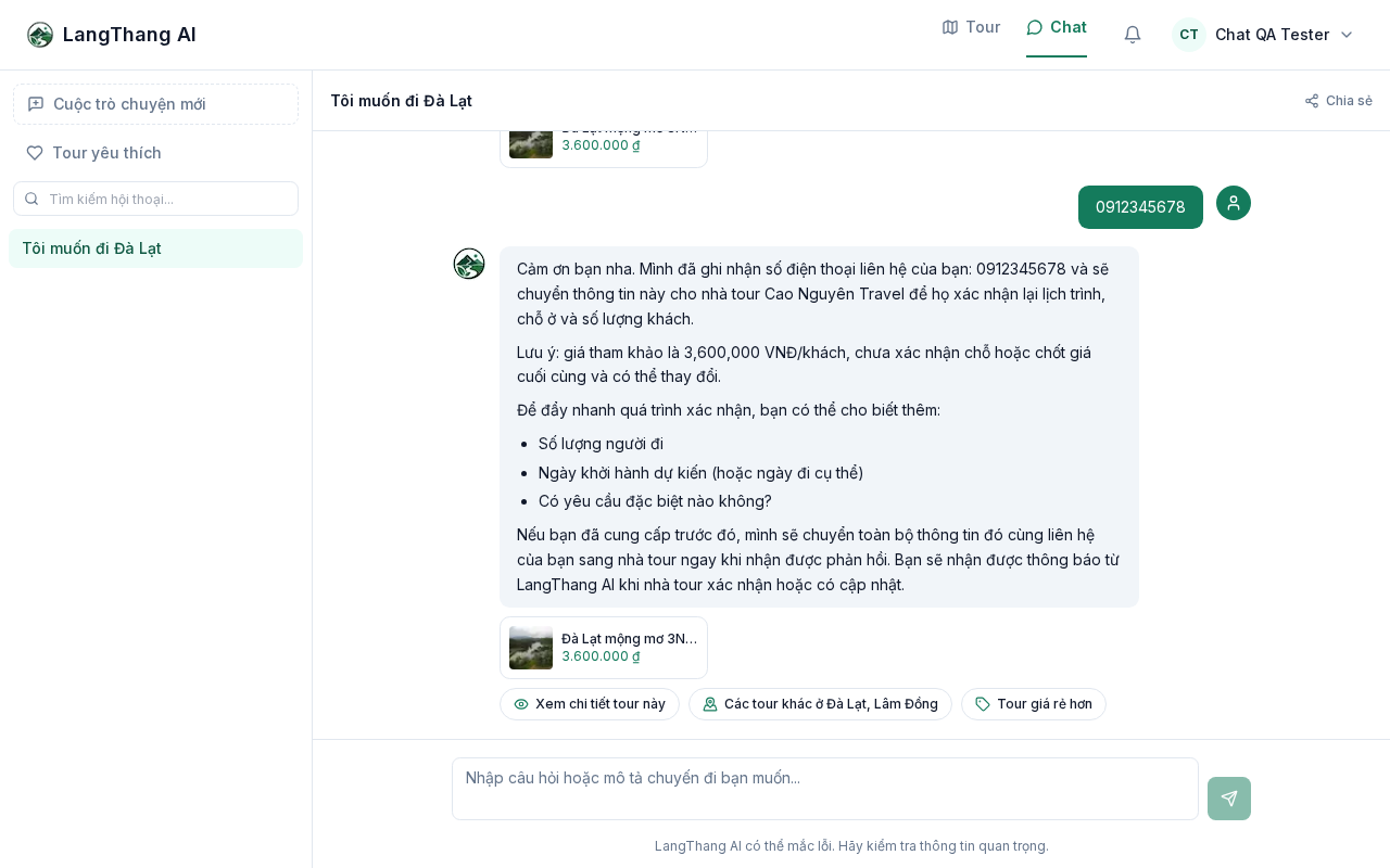 Chat consultation holding context across turns and restating trip details before asking for contact information