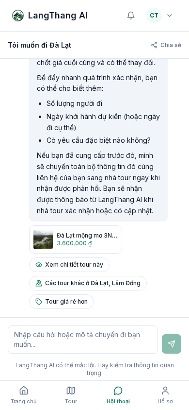 Mobile view of the chat at the booking confirmation step