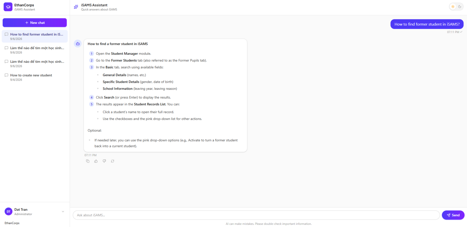 SAMI chat interface answering a question about finding a former student in iSAMS, with a step-by-step response