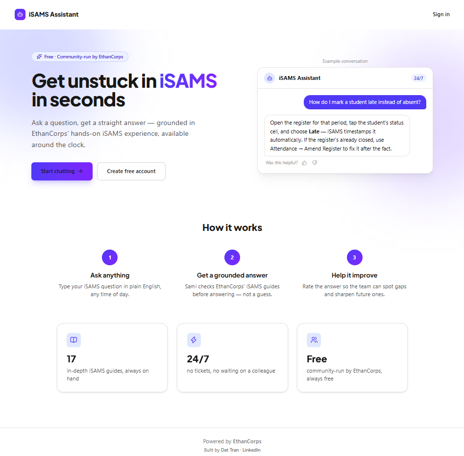 SAMI homepage showing the value proposition, an example conversation, and how the assistant works